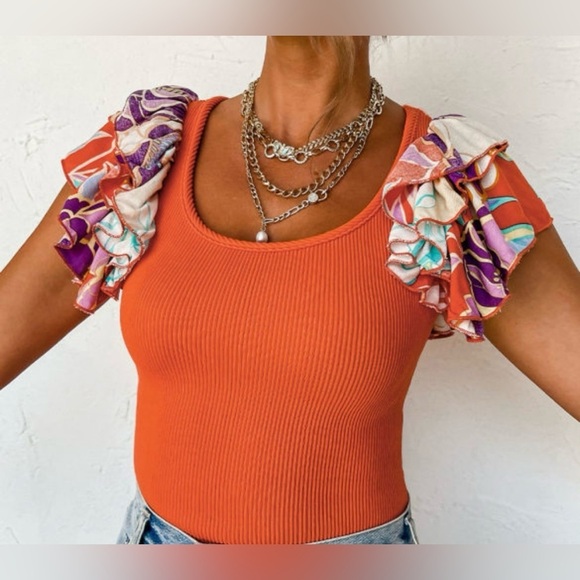 Halo & Harley Tops - Vibrant Orange Ruffle Sleeve Top